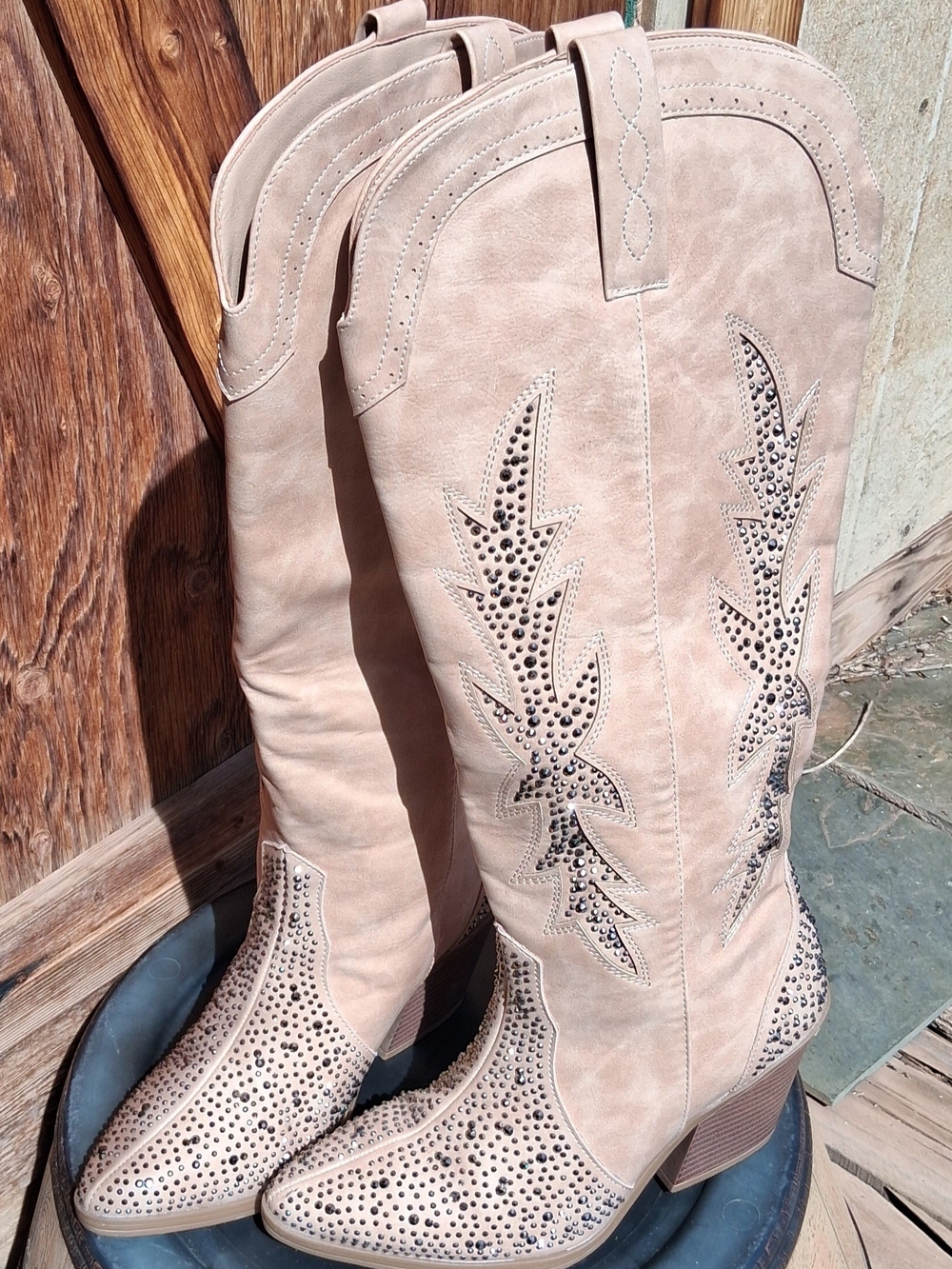 Sugar Beige Studded Knee-High Western Boots